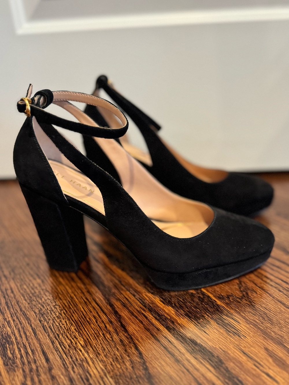 Women’s Cole Haan Black Suede Ankle-Strap Block Heel Pumps